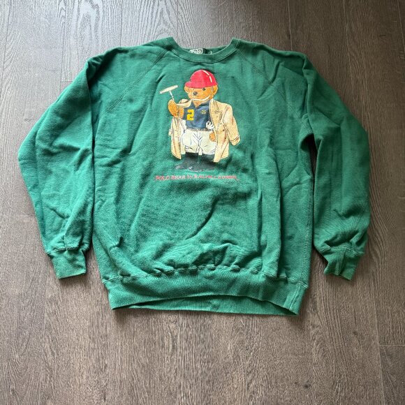 Vintage Ralph Lauren Polo Bear Sweatshirt Logo Mens small Green * - Picture 1 of 11